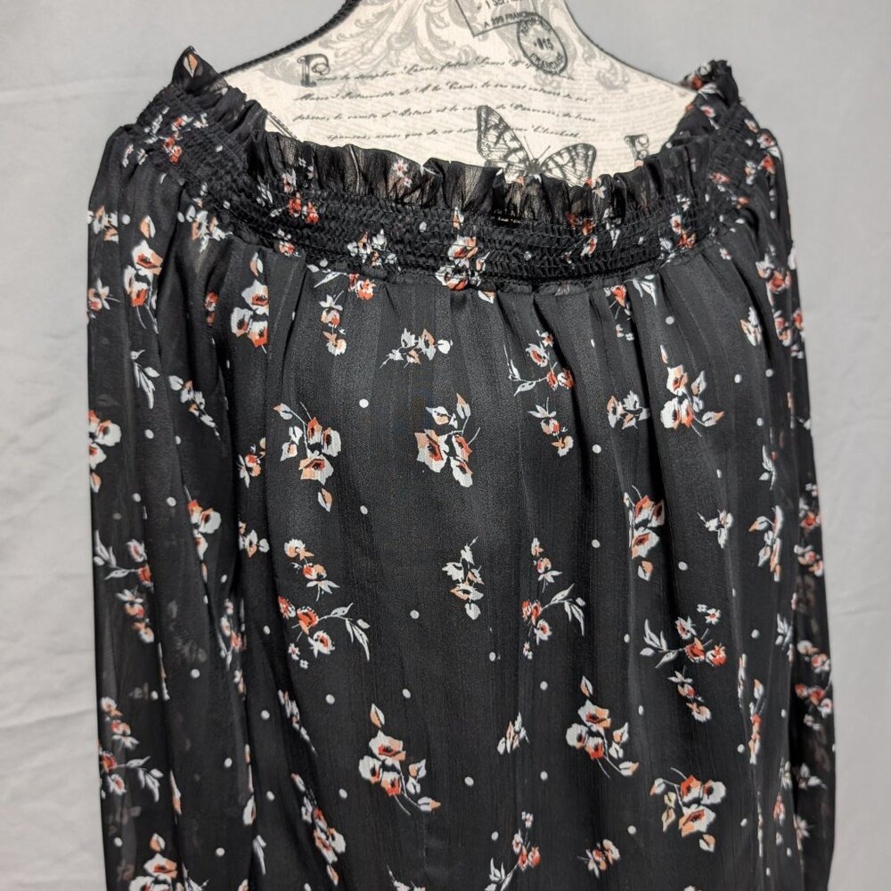 WAYF Black Floral Off-Shoulder‎ Sheer Peasant Floral Blouse Women's Medium - Picture 2 of 8